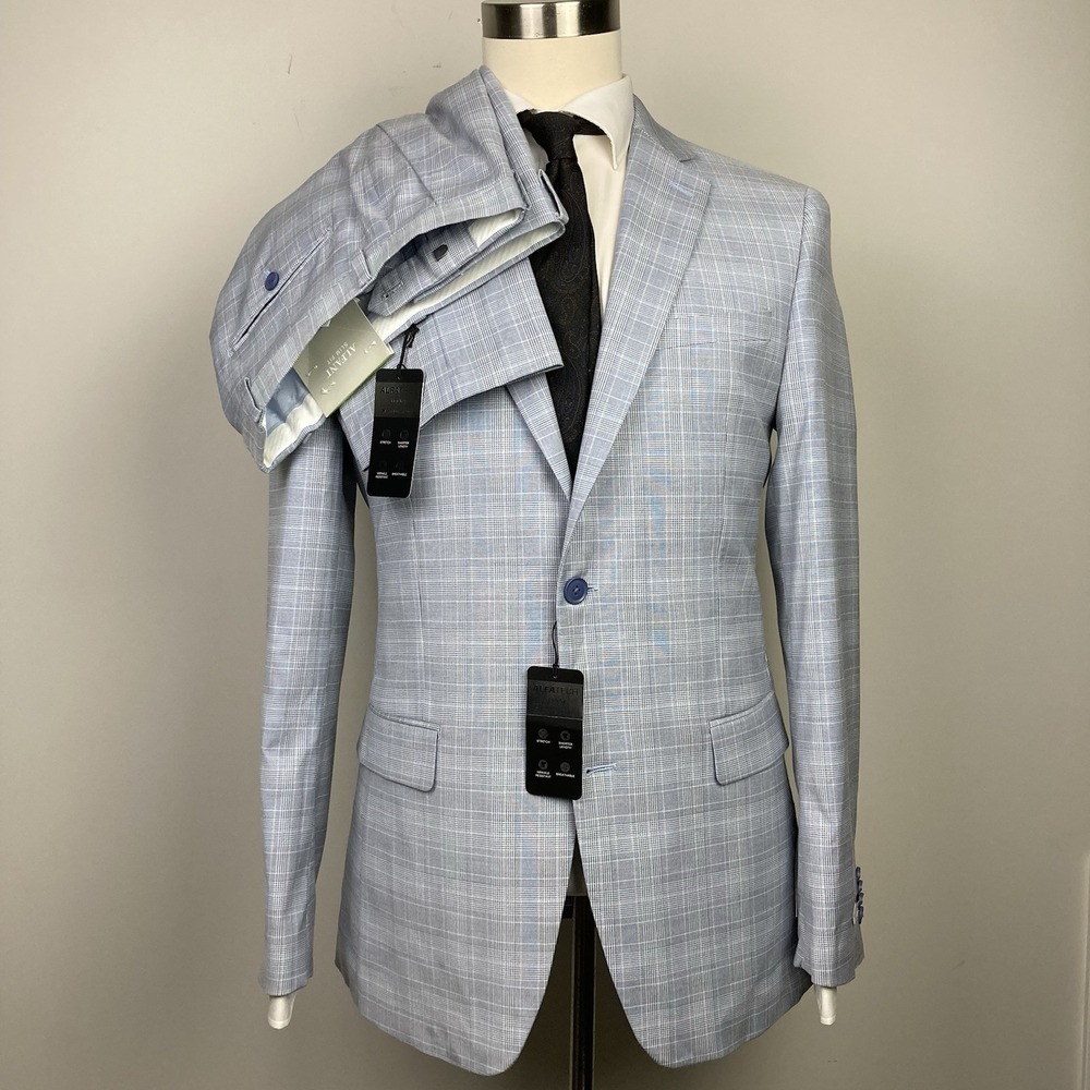 Alfani Men's Slim-Fit 2-pc Suit Jacket Stretch Plaid Size 38L Pants 30Wx30L Blue
